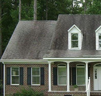 Asphalt shingle roof covered in black algae streaks before a soft wash